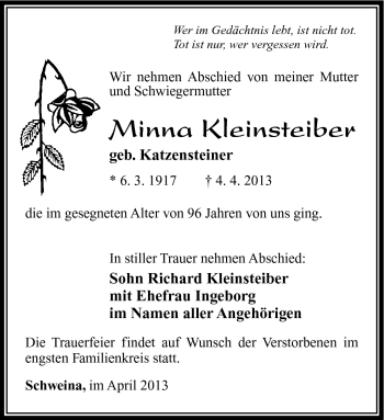 Traueranzeige von Minna Kleinsteiber von Südthüringer Presse