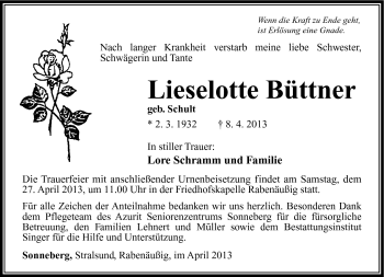 Traueranzeige von Lieselotte Büttner von Südthüringer Presse