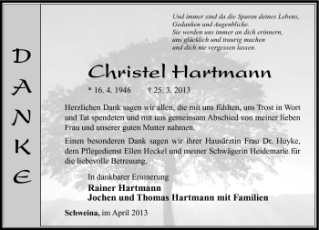 Traueranzeige von Christel Hartmann von Südthüringer Presse