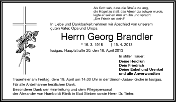 Traueranzeige von Georg Brandler von Frankenpost
