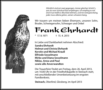Traueranzeige von Frank Ehrhardt von Südthüringer Presse