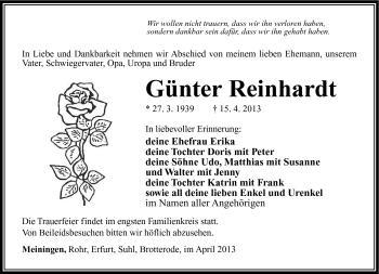 Traueranzeige von Günter Reinhardt von Südthüringer Presse
