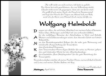 Traueranzeige von Woflgang Helmboldt von Südthüringer Presse
