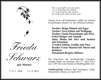 Traueranzeige von Frieda Schwarz von Südthüringer Presse