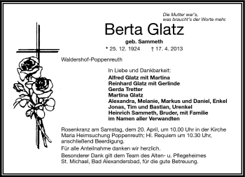 Traueranzeige von Berta Glatz von Frankenpost