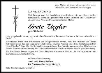 Traueranzeige von Grete Ziegler von Südthüringer Presse