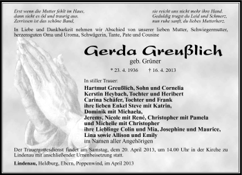 Traueranzeige von Gerda Greußlich von Südthüringer Presse