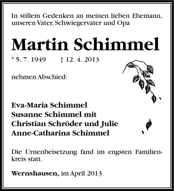 Traueranzeige von Martin Schimmel von Südthüringer Presse