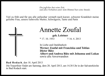 Traueranzeige von Annette Zoufal von Neue Presse Coburg