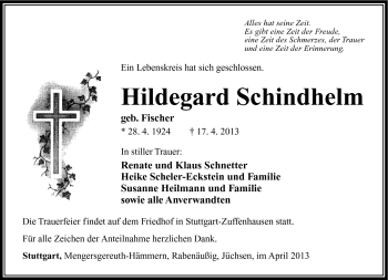 Traueranzeige von Hildegard Schindhelm von Südthüringer Presse