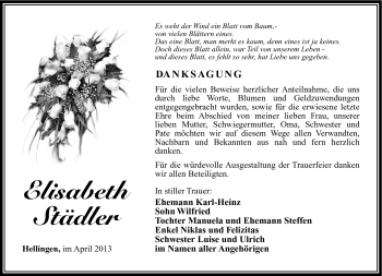 Traueranzeige von Elisabeth Städler von Südthüringer Presse