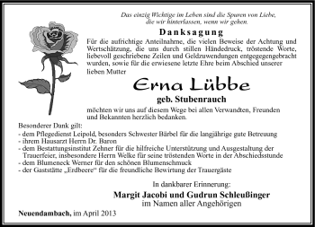 Traueranzeige von Erna Lübbe von Südthüringer Presse