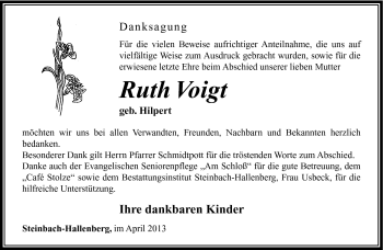Traueranzeige von Ruth Voigt von Südthüringer Presse