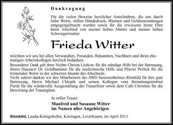 Traueranzeige von Frieda Witter von Südthüringer Presse
