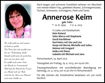 Traueranzeige von Annerose Keim von Neue Presse Coburg