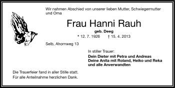 Traueranzeige von Hanni Rauh von Frankenpost