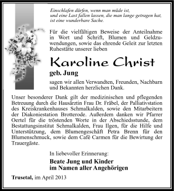 Traueranzeige von Karoline Christ von Südthüringer Presse