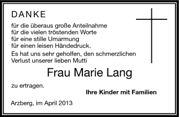 Traueranzeige von Marie Lang von Frankenpost