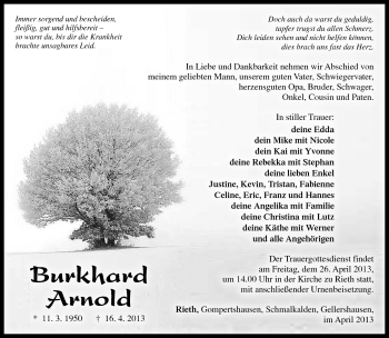 Traueranzeige von Burkhard Arnold von Südthüringer Presse
