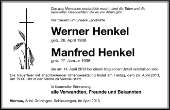 Traueranzeige von WernerManfred HenkelHenkel von Südthüringer Presse