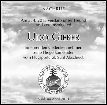 Traueranzeige von Udo Gierer von Südthüringer Presse