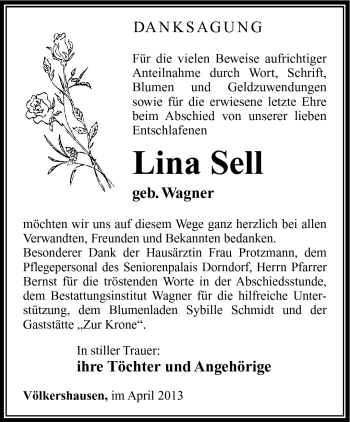 Traueranzeige von Lina Sell von Südthüringer Presse