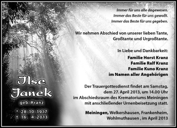Traueranzeige von Ilse Janek von Südthüringer Presse