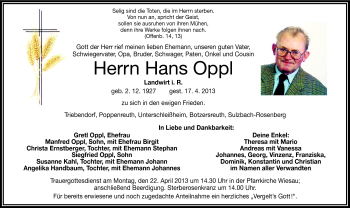 Traueranzeige von Hans Oppl von Frankenpost