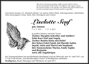 Traueranzeige von Liselotte Senf von Südthüringer Presse