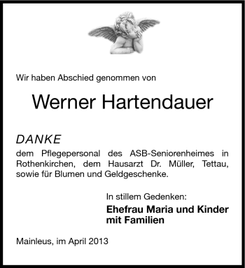 Traueranzeige von Werner Hartendauer von Neue Presse Coburg