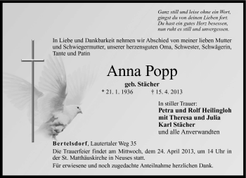 Traueranzeige von Anna Popp von Neue Presse Coburg