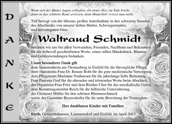 Traueranzeige von Waltraud Schmidt von Südthüringer Presse