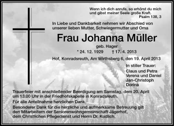 Traueranzeige von Johanna Müller von Frankenpost