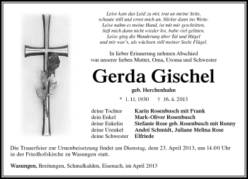 Traueranzeige von Gertrud Gischel von Südthüringer Presse