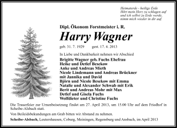 Traueranzeige von Harry Wagner von Südthüringer Presse