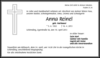 Traueranzeige von Anna Reinel von Frankenpost