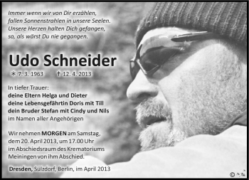 Traueranzeige von Udo Schneider von Südthüringer Presse