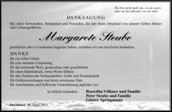 Traueranzeige von Margarete Steube von Südthüringer Presse