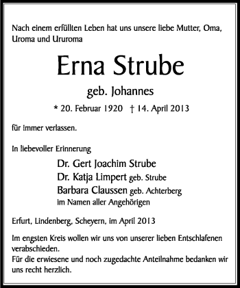 Traueranzeige von Erna Strube von Südthüringer Presse