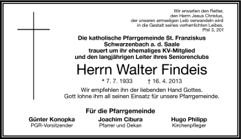 Traueranzeige von Walter Findeis von Frankenpost