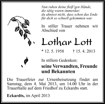 Traueranzeige von Lothar Lott von Südthüringer Presse