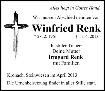 Traueranzeige von Winfried Renk von Neue Presse Coburg