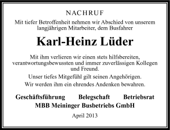 Traueranzeige von Karl-Heinz Lüder von Südthüringer Presse
