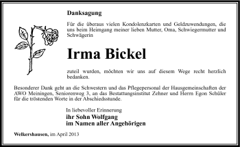 Traueranzeige von Irma Bickel von Südthüringer Presse