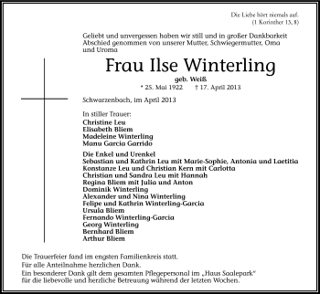Traueranzeige von Ilse Winterling von Frankenpost