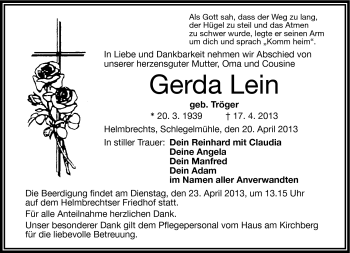 Traueranzeige von Gerda Lein von Frankenpost
