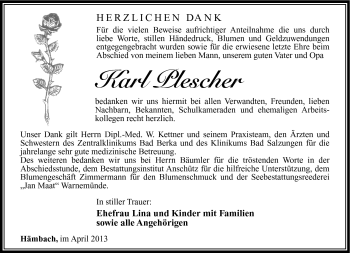 Traueranzeige von Karl Plescher von Südthüringer Presse