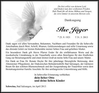 Traueranzeige von Ilse Jäger von Südthüringer Presse