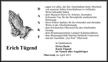 Traueranzeige von Erich Tügend von Südthüringer Presse