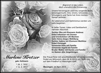 Traueranzeige von Marlene Kretzer von Südthüringer Presse